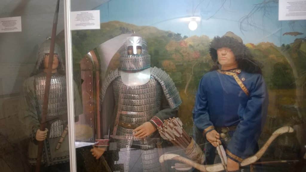 Clothing, armor, and weapons from the Mongol period on display in the museum