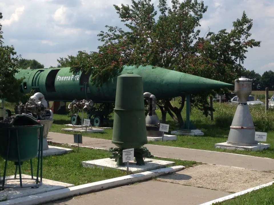 An old R-12/SS-4 "Sandal" missile on display outside the museum entrance. This was the same type of nuclear missile deployed by the Soviets to Cuba in 1962.