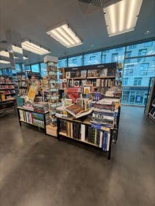 A large display of history books.