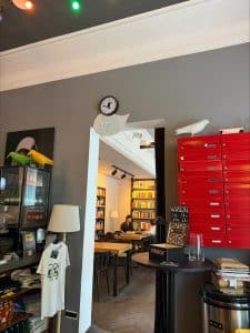 A view from the bar to the larger seating area.