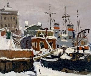 Leningrad School of Painting A. Nenartovich - Winter ship camp on the Neva River, 1949